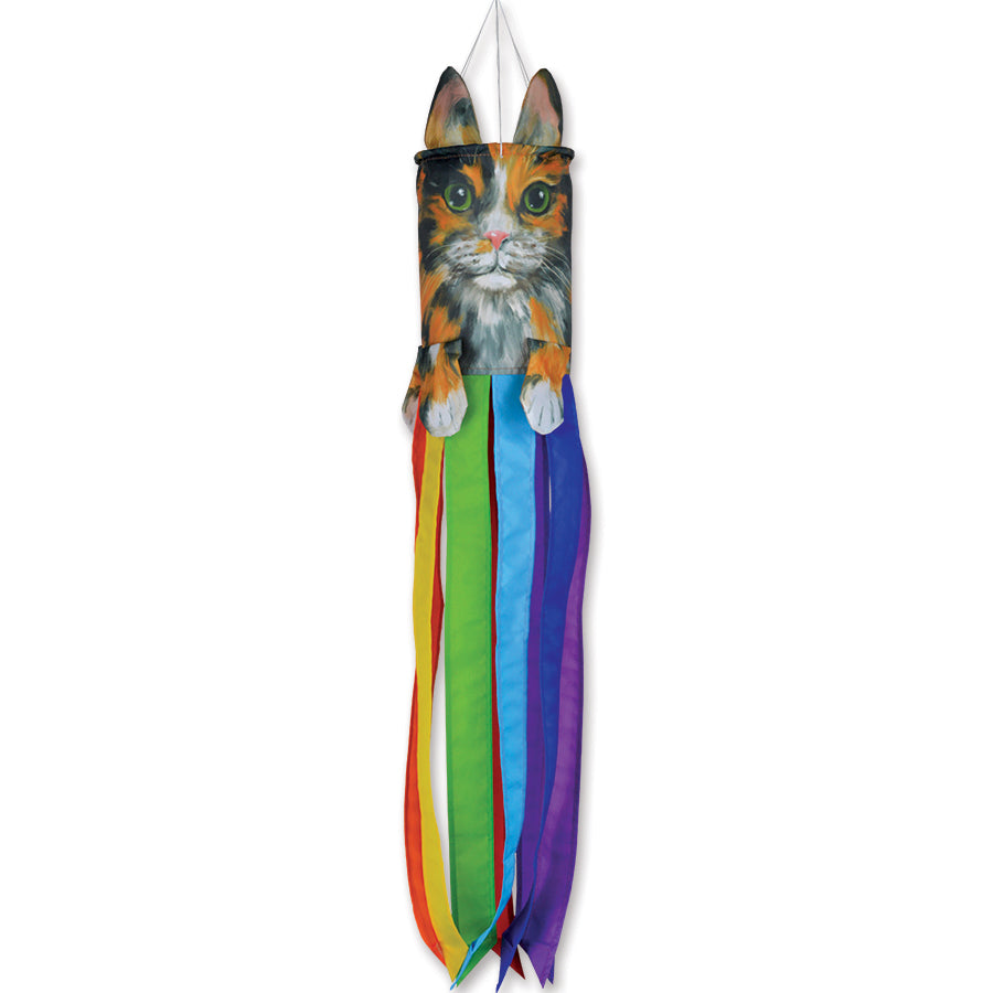 Mini Pet Windsock featuring a Calico Cat design, showcasing cute facial features, 3D ears and tail, fluttering in a garden setting.