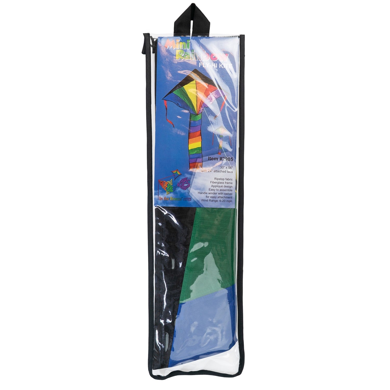 Brightly colored Mini Rainbow Fly-Hi Kite featuring a rainbow design flying in blue sky with streamer tails trailing behind it.