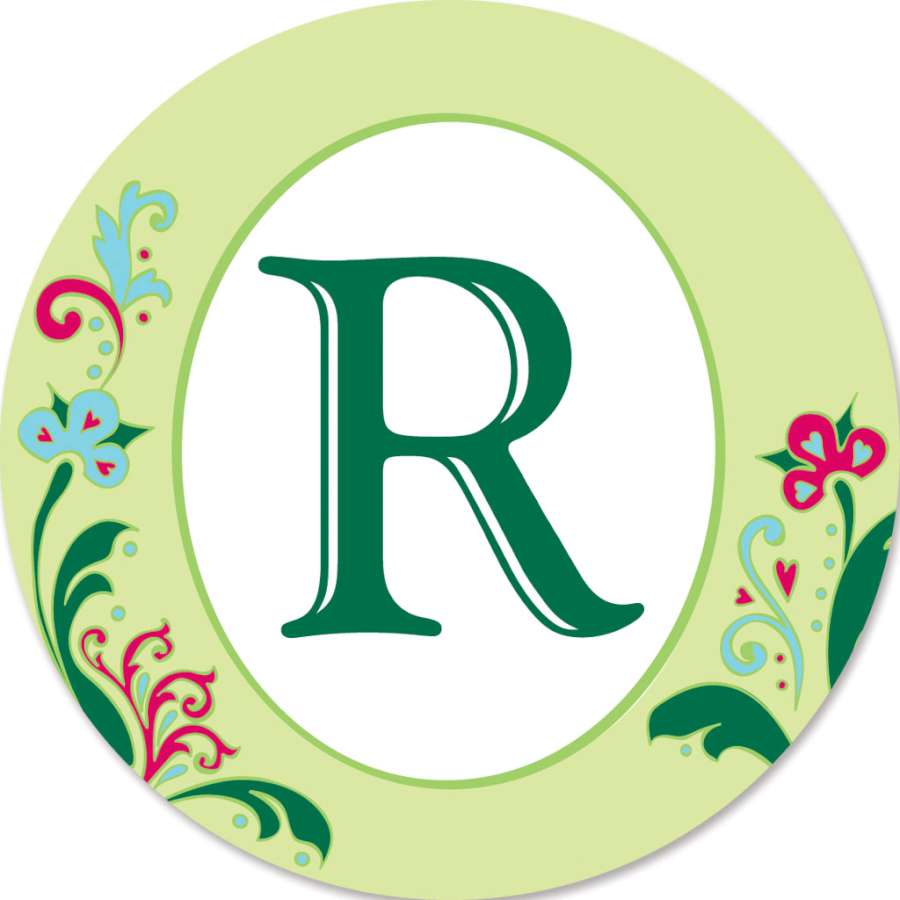 Monogram Triple Spinner - R featuring an elegant 'R' design made from fade-resistant SunTex fabric rotating in a vibrant garden setting.