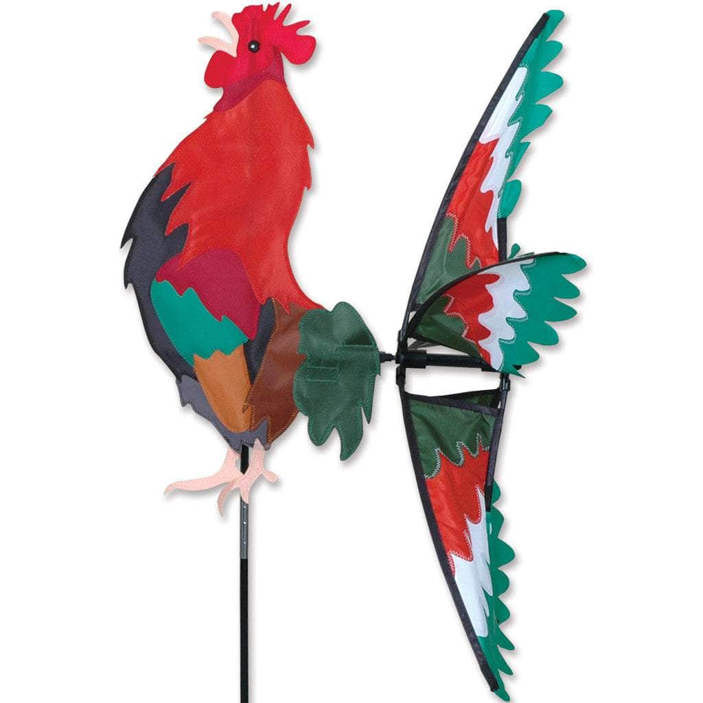 Morning rooster spinner with bold applique and 26-inch spinning tail feathers—perfect for rustic charm and motion in garden or yard displays.