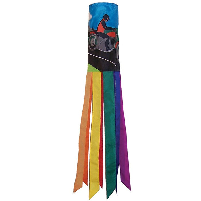 Motorcycle Man 40-inch windsock featuring colorful appliqued graphics and fluttering tails, displayed outdoors hanging from a pole.