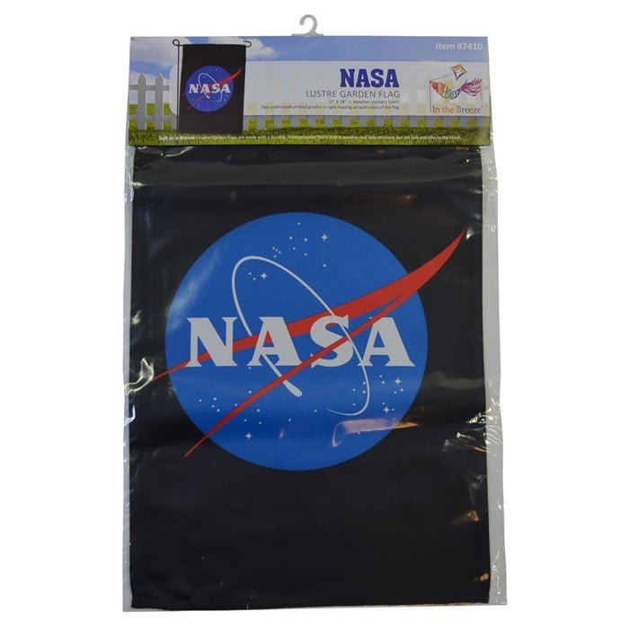 NASA Lustre Garden Flag with double-sided logo design against a black background displayed in a garden setting.