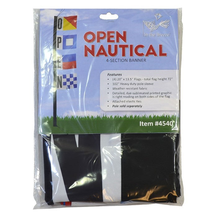 Nautical Open 23" x 72" 4-Section Feather Banner displayed outdoors, showcasing vibrant graphics visible from multiple angles.