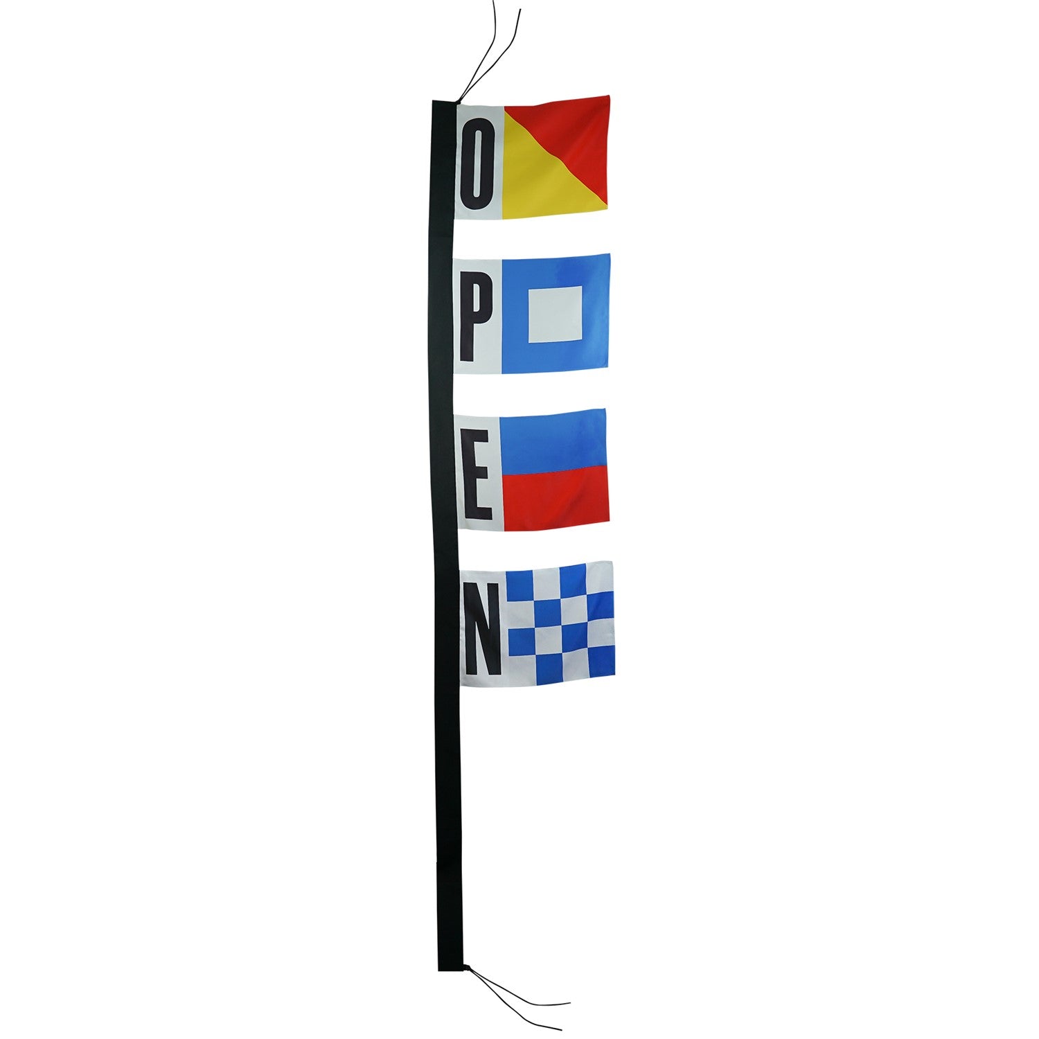 Nautical Open 23" x 72" 4-Section Feather Banner displayed outdoors, showcasing vibrant graphics visible from multiple angles.