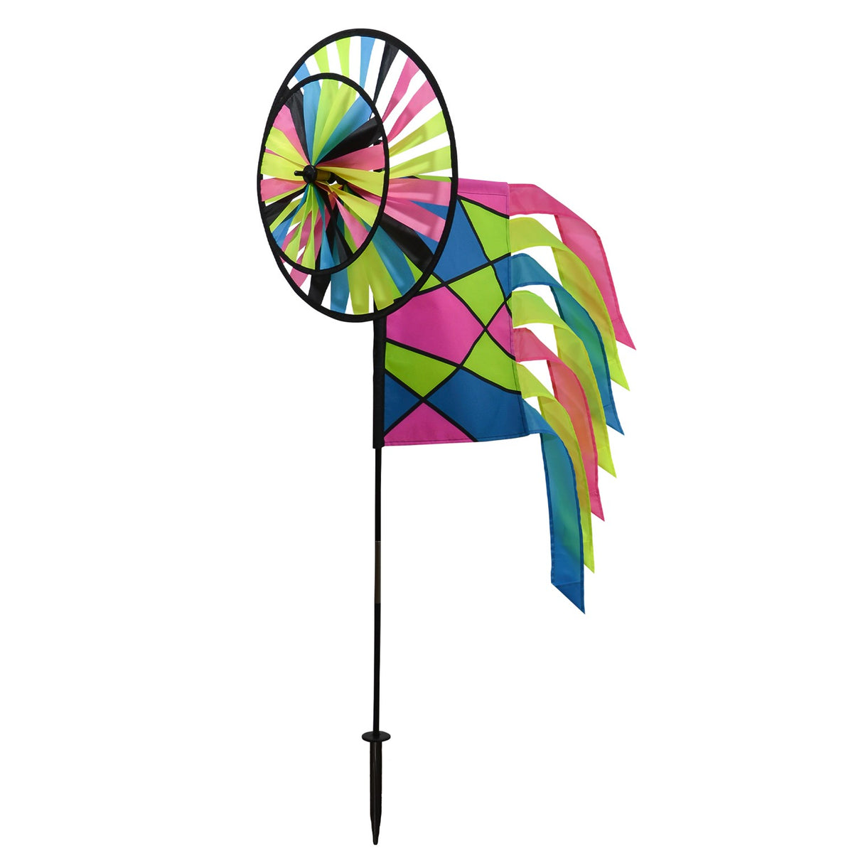Neon Colorblock Spinner Wheels with colorful garden flag and tails spinning in the breeze, adding lively decor to an outdoor space.