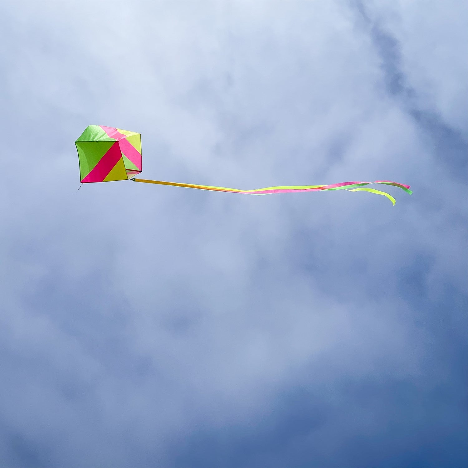 Vibrantly colored Neon Single Box Kite soaring in the sky with color-coordinated tails, designed for easy flying and fun.
