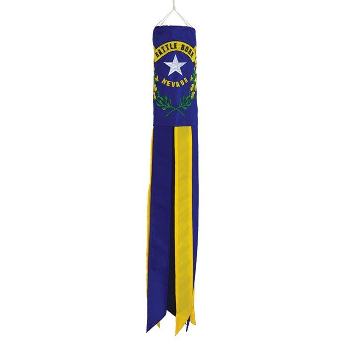 Nevada 18 inch windsock showcasing the state flag with vibrant colors and fluttering tails in a garden setting, celebrating state pride.
