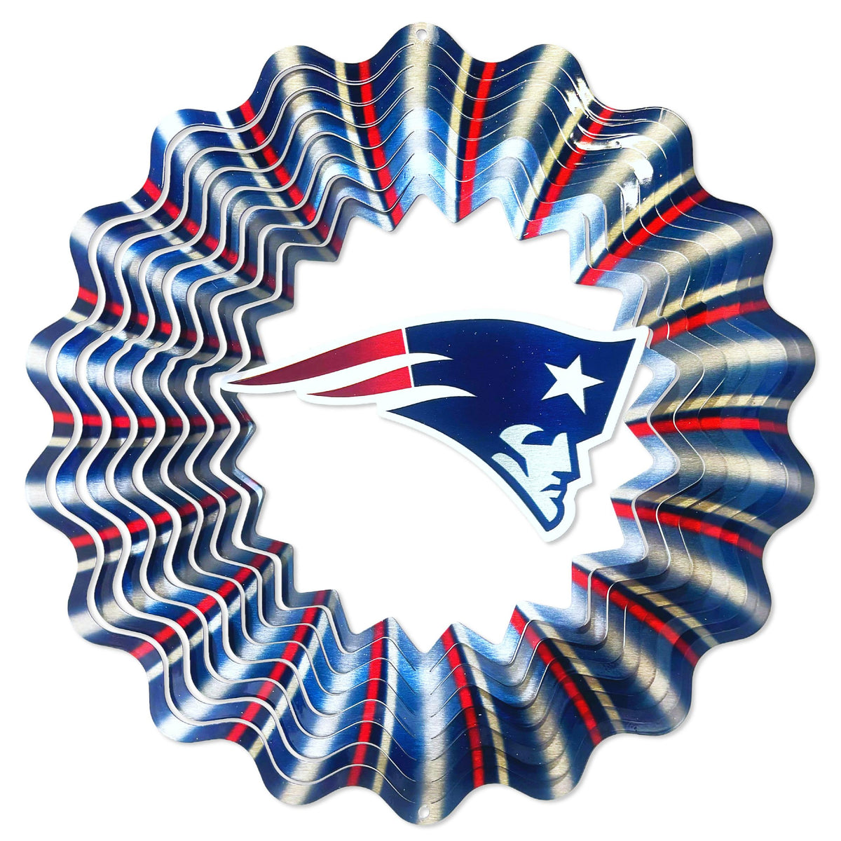 New England Patriots wind spinner in bold team colors, featuring the team logo, swirling in a garden setting with motion and flair.
