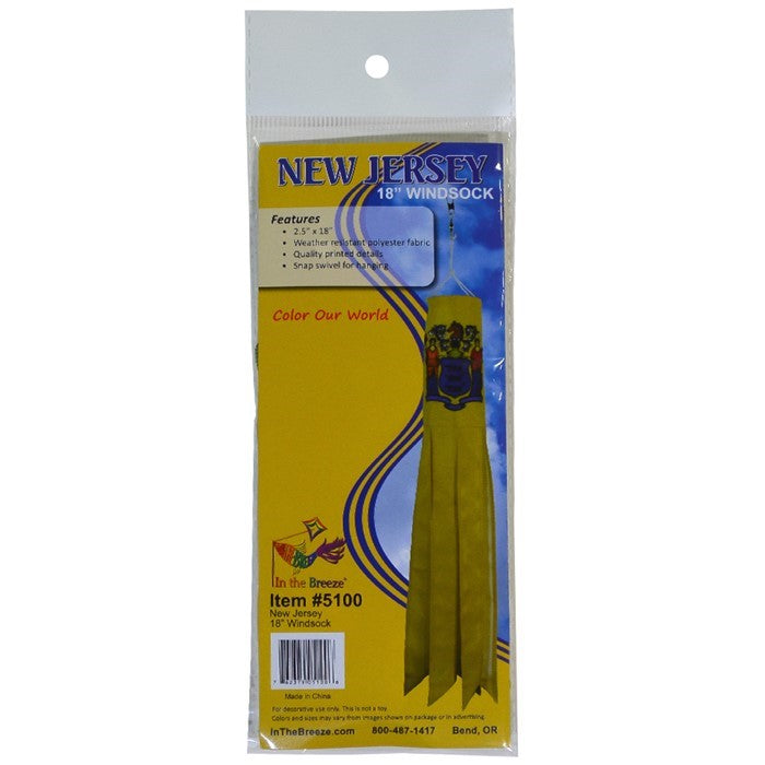 New Jersey 18 inch windsock with vibrant colors and six fluttering tails displayed outdoors, reflecting state pride in a garden setting.