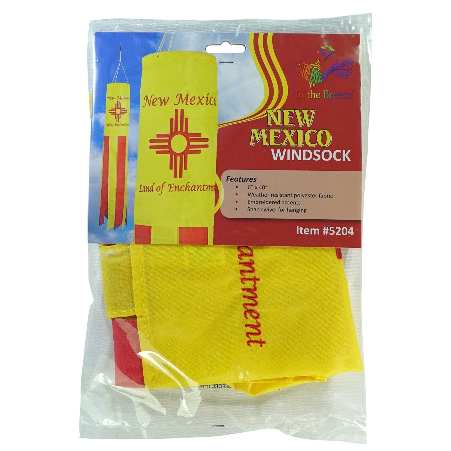 New Mexico 40 inch windsock displaying colorful appliqued graphics and fluttering tails against a backdrop of blue sky.