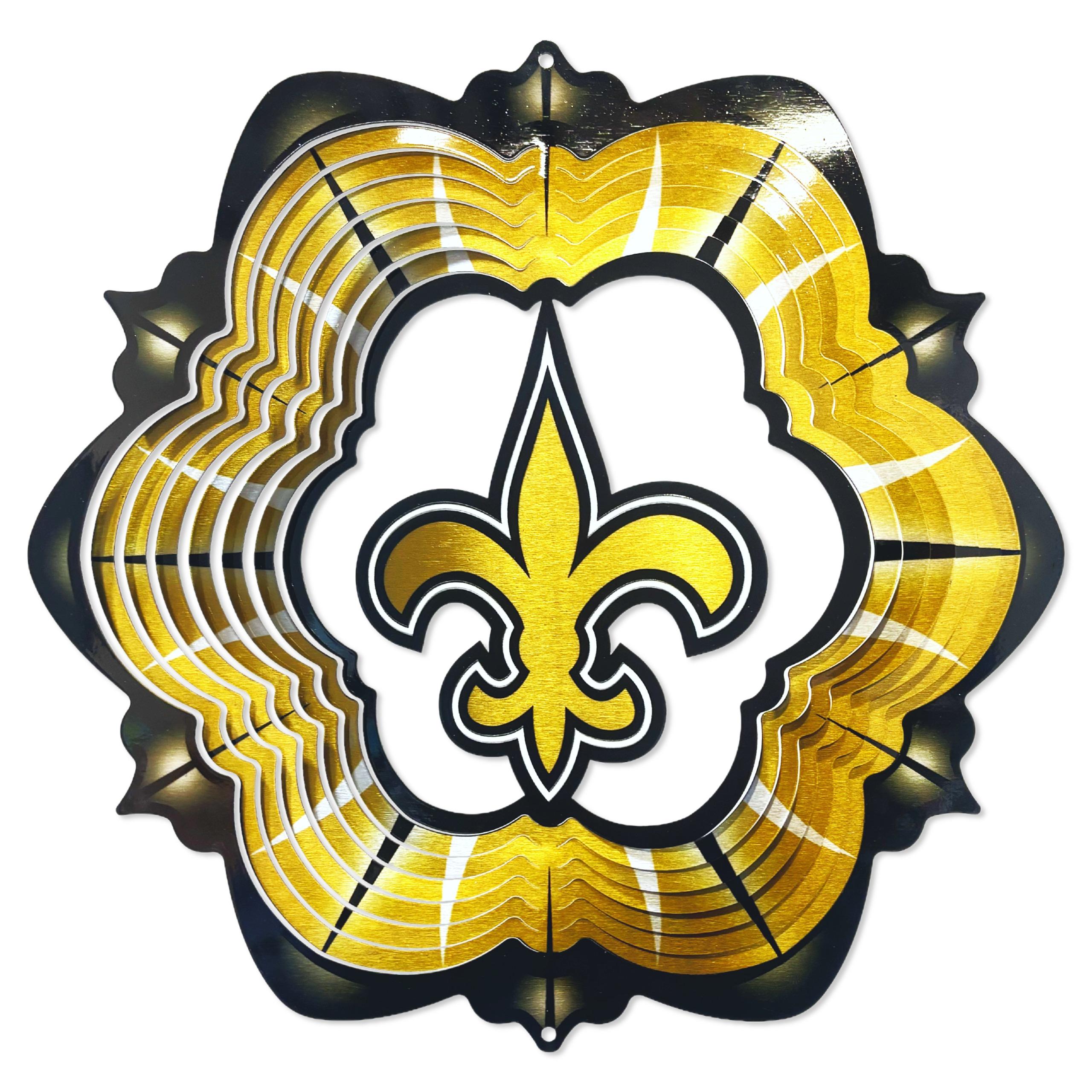New Orleans Saints NFL Wind Spinner in a vibrant design, spinning in the breeze in a garden setting, showcasing team colors.