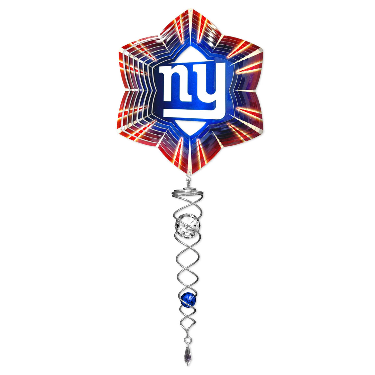 New York Giants wind spinners mini set featuring a vibrant 6.5-inch wind spinner and 7.5-inch crystal twister displayed outdoors.
