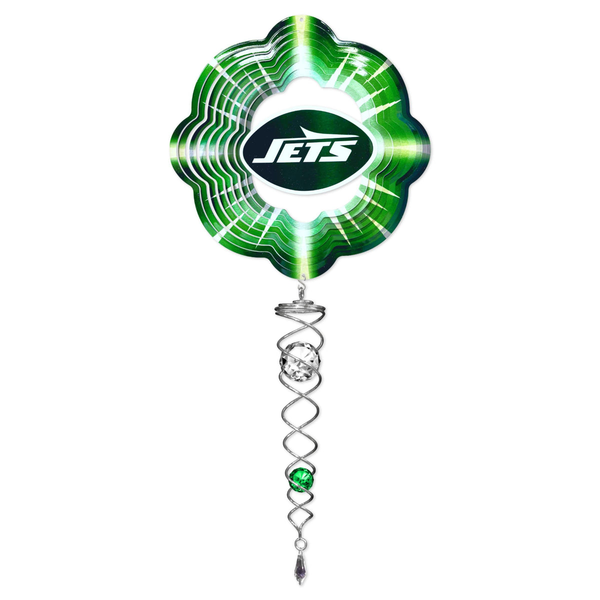 New York Jets Wind Spinner Mini Set featuring a 6.5-inch wind spinner and 7.5-inch crystal twister displayed in an outdoor garden setting.