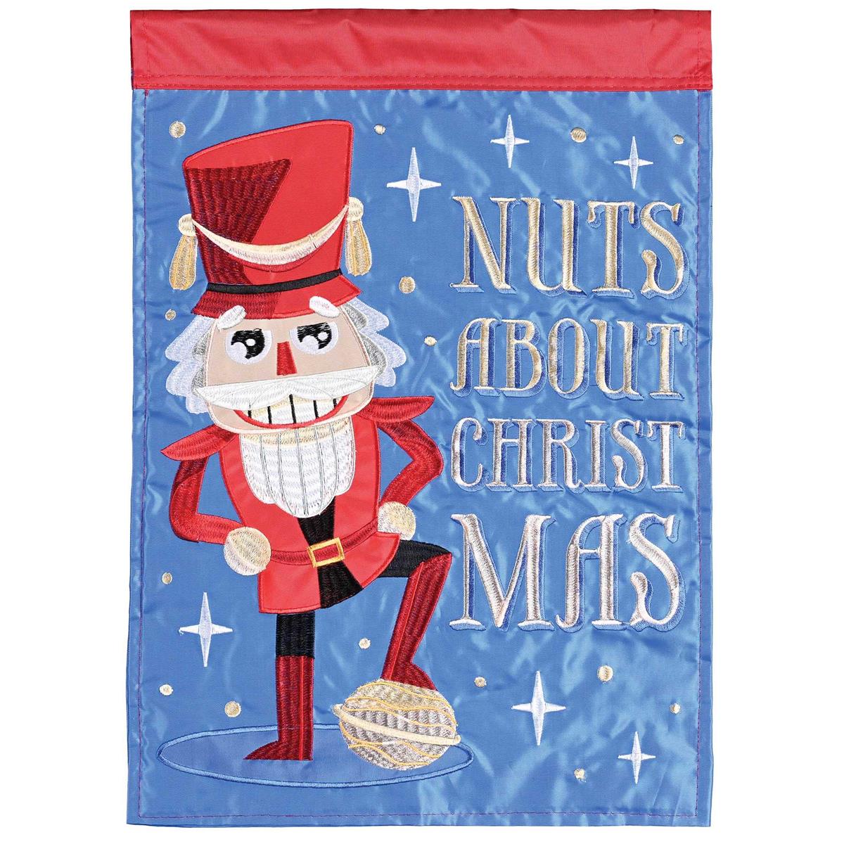 Nutcracker Nuts Christmas Banner Flag, 29x42 inches, featuring festive nutcracker design with vibrant colors on both sides hanging outdoors.