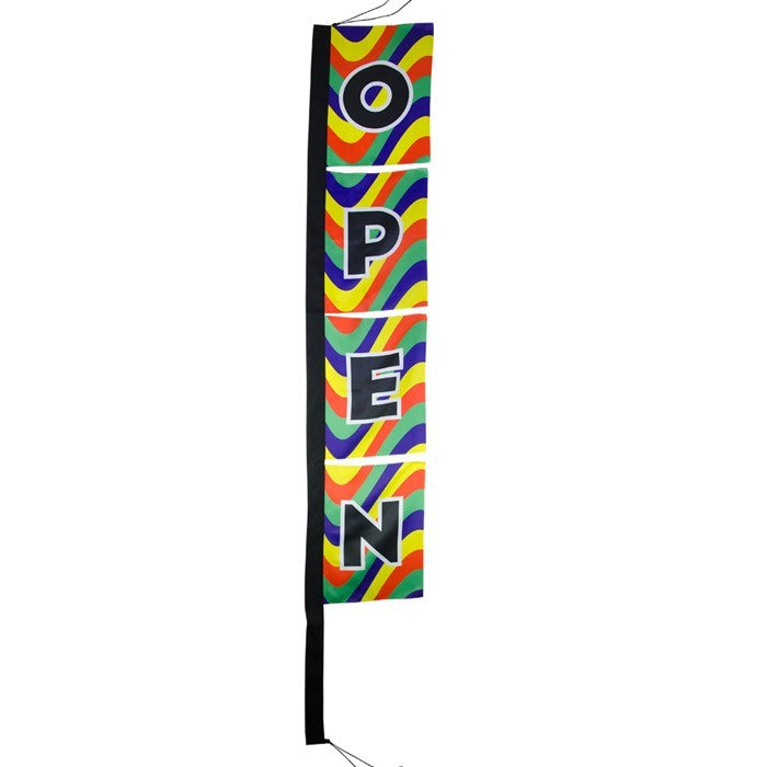 Open 17" x 82" feather banner with vivid dye-sublimated print for dual-sided visibility, featuring durable construction designed for outdoor use.