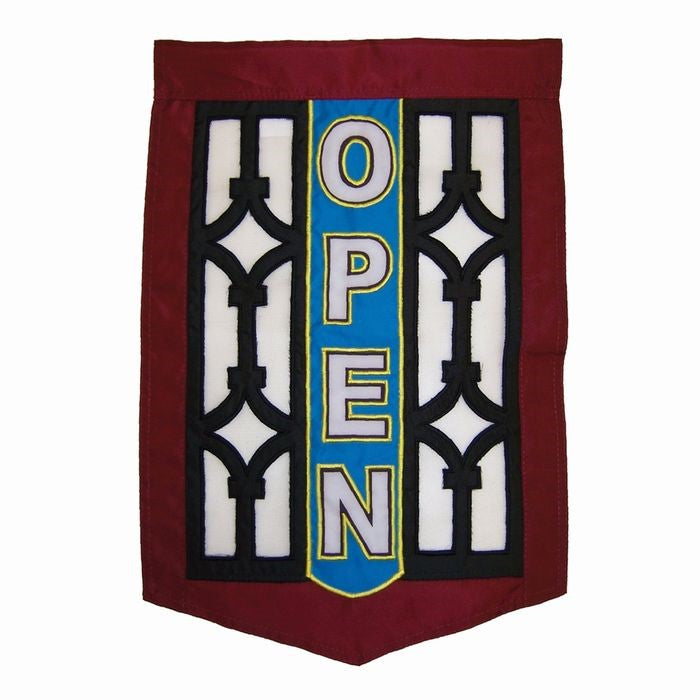 Open Screen Door Garden Flag featuring vibrant 'OPEN' sign and decorative details displayed in a garden setting.
