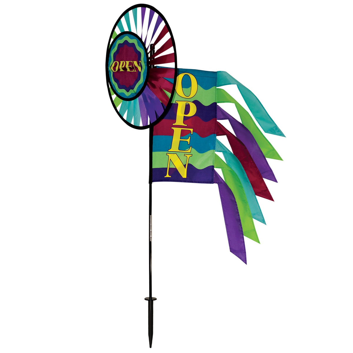 Open Spinner Wheel with Garden Flag & Tails displaying 'Open for Business' in vivid colors, rotating in a gentle breeze at an outdoor location.