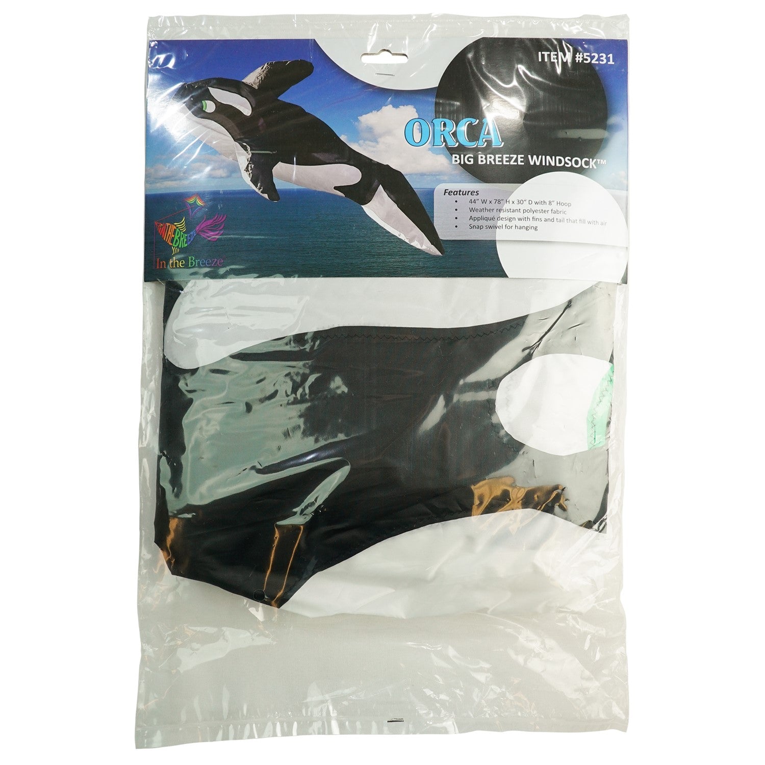 Orca Big Breeze WindsockTM featuring a vibrant 3D design of an orca whale, inflating in the wind and hanging in a sunny outdoor setting.