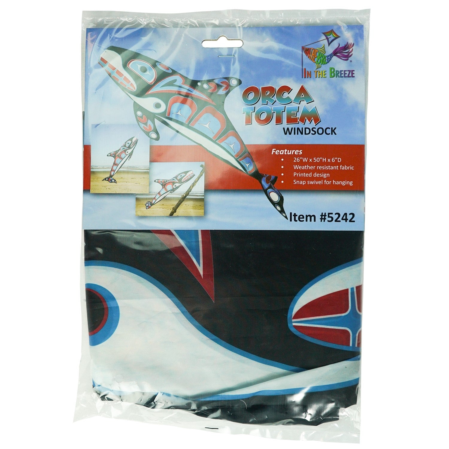 Orca Totem 48" Fish Windsock featuring intricate indigenous design, displayed in an outdoor setting, moving with the breeze.