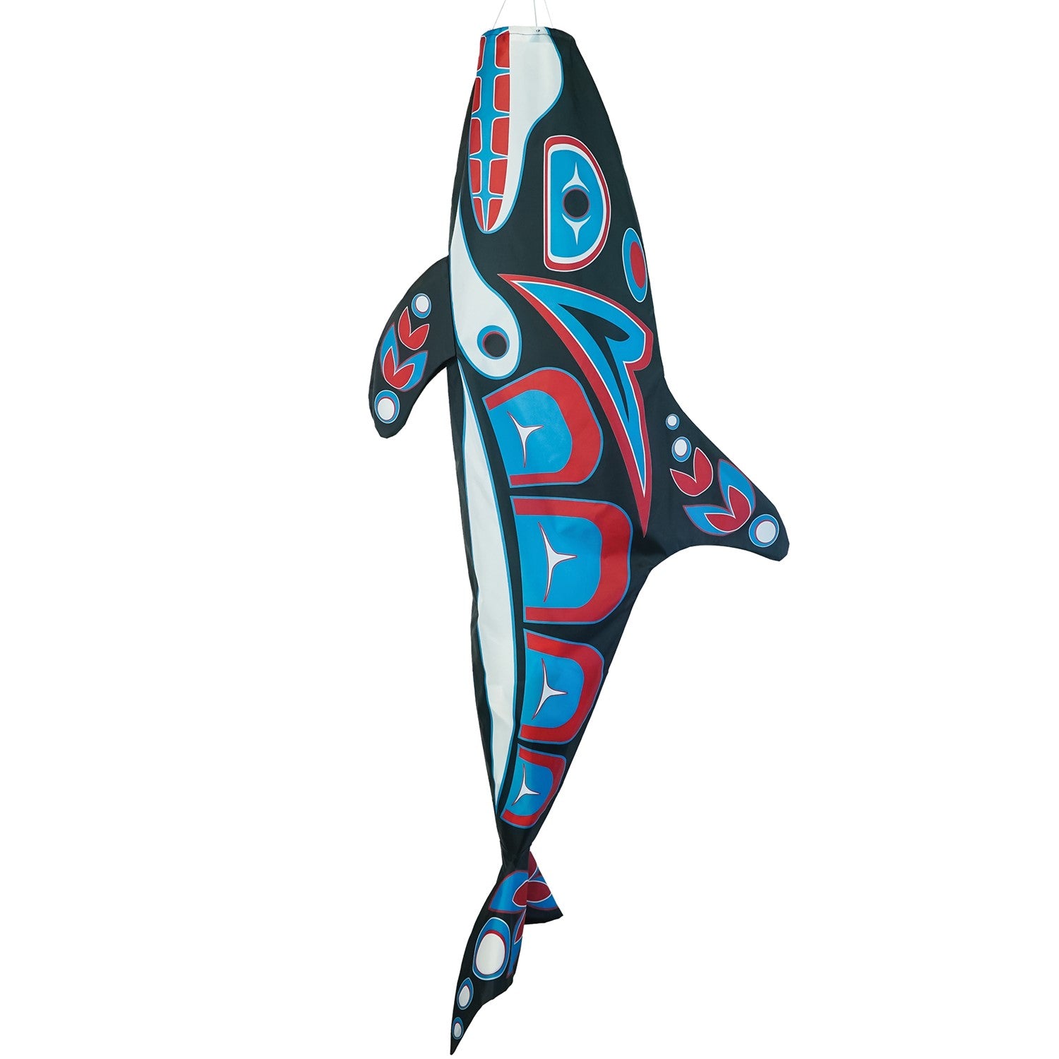 Orca Totem 48" Fish Windsock featuring intricate indigenous design, displayed in an outdoor setting, moving with the breeze.