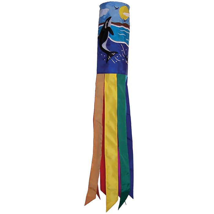 Orca Whale 40-inch windsock featuring colorful appliqued graphics and embroidered details, elegantly displayed outdoors.