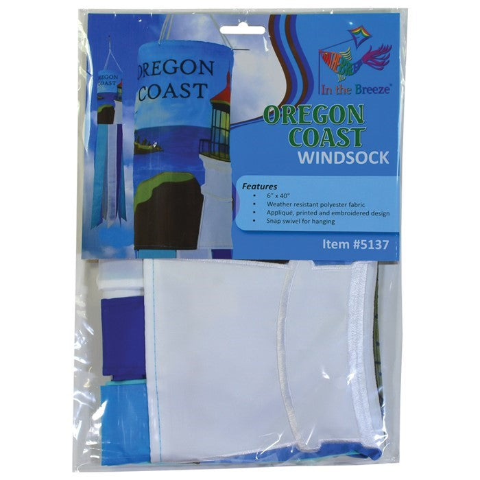 Oregon Coast 40-inch windsock featuring Heceta Head Lighthouse design with colorful applique and embroidered accents fluttering in the breeze.