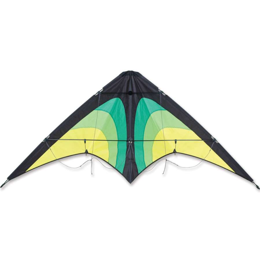 Osprey Sport Kite - Green Raptor, a colorful 60 x 26.5 inch kite flying against a clear blue sky during a sunny outdoor day.