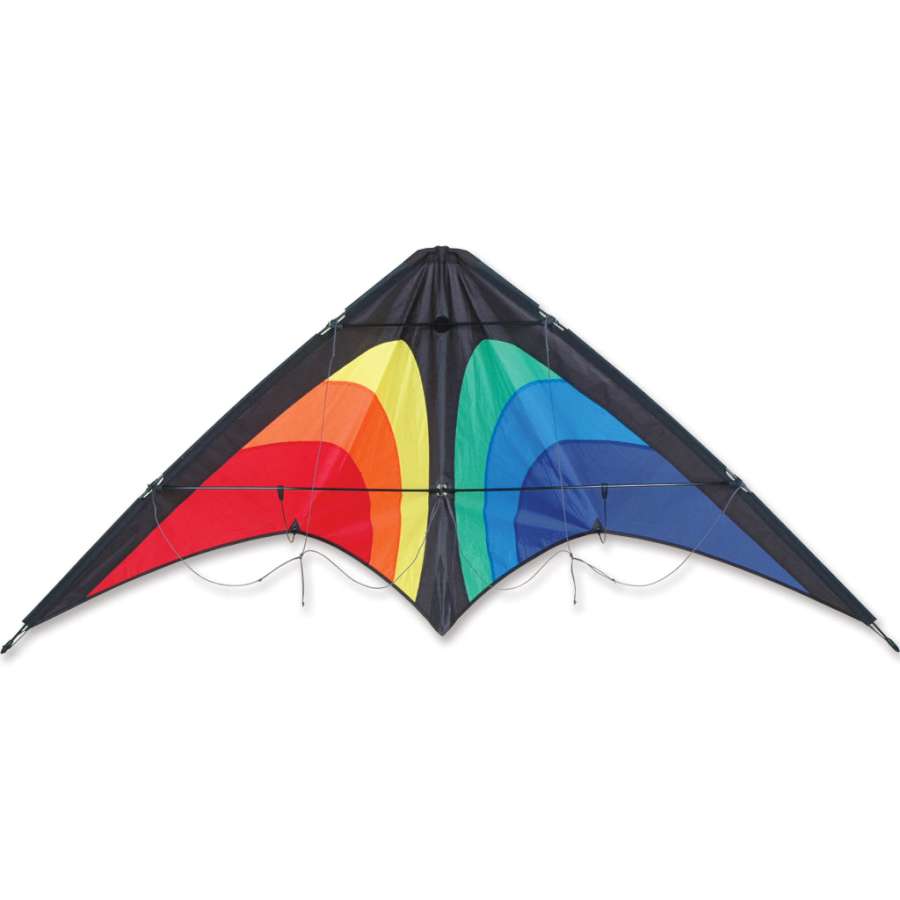 Osprey Sport Kite - Rainbow Raptor displayed in a clear blue sky, showcasing its colorful rainbow design during flight.