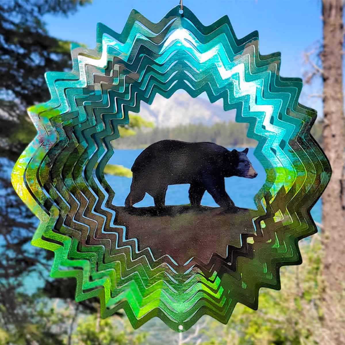 12" Bear Wind Spinner made from powder-coated stainless steel, featuring a rugged bear design and dynamic motion for outdoor décor.