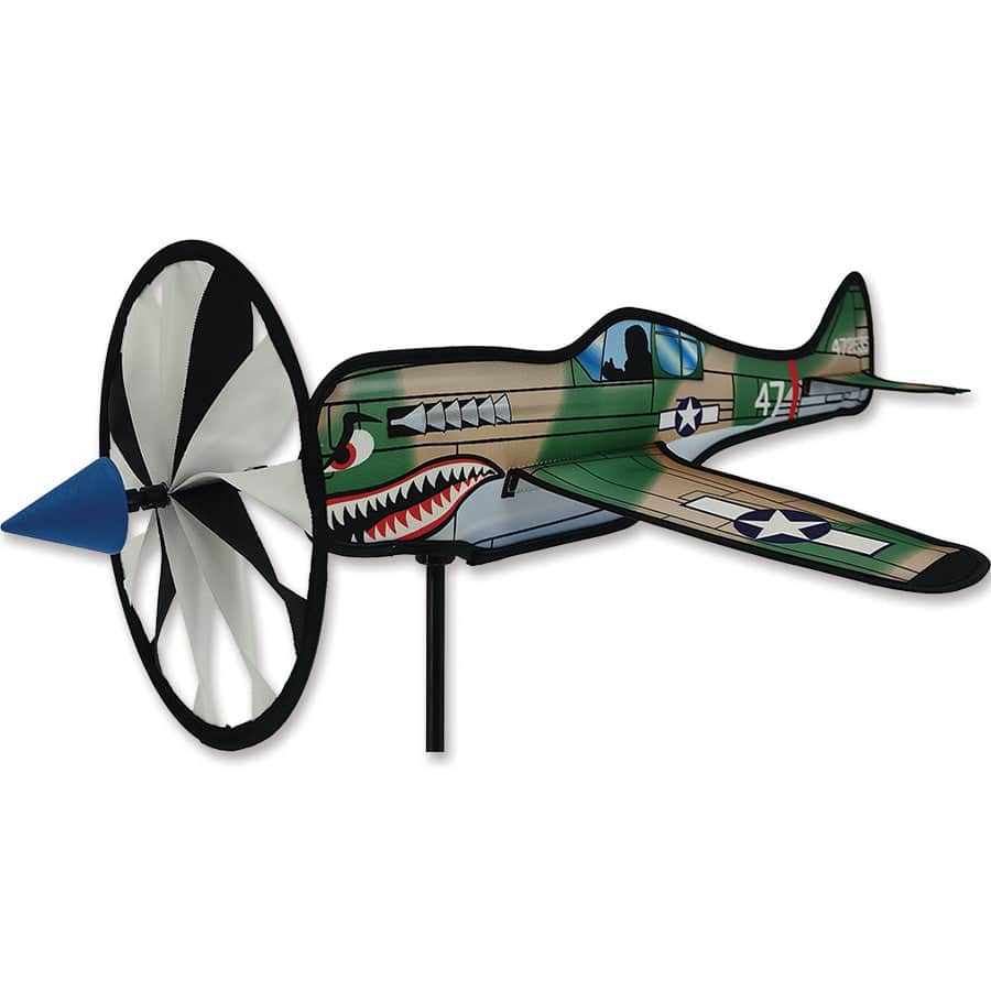 Small camouflage warhawk spinner with spinning propeller and green shark-mouth design for decorative outdoor yard use.