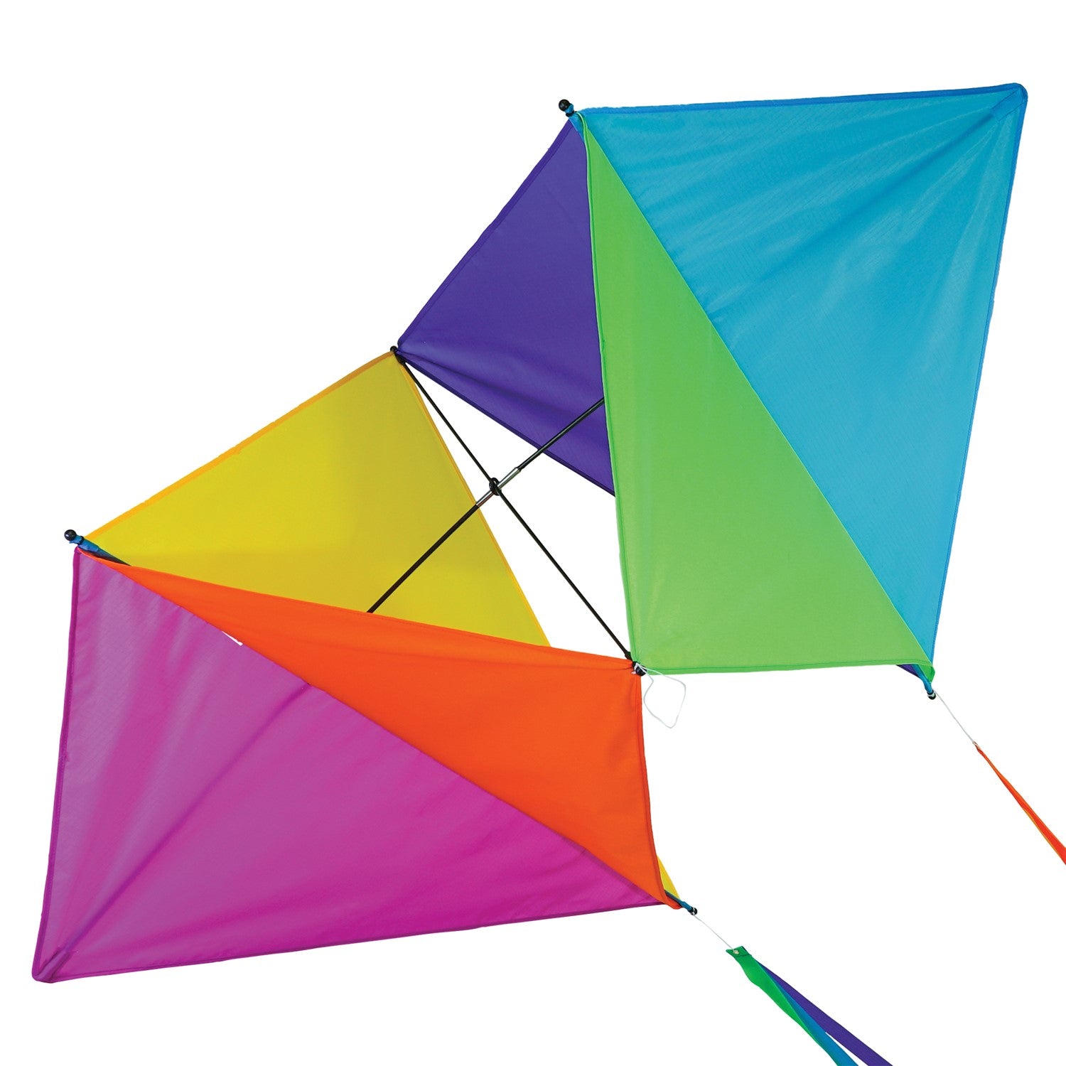 Pacific Dancing Diamonds Kite with colorful diamond panel design soaring in the sky, featuring attached tails and displayed at a kite flying event.