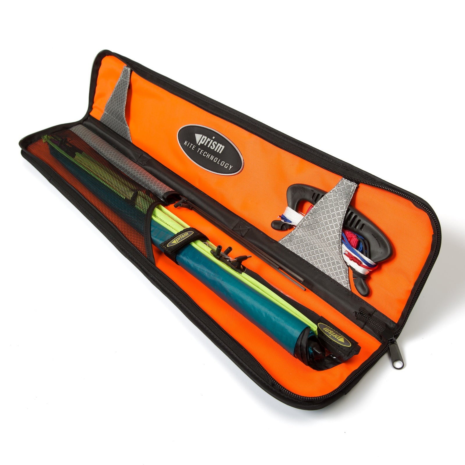 4-D Superlight sport kite with ultralight sail, microcarbon frame, 58-inch wingspan, Dyneema lines, and three colorways for zero to light wind flying.