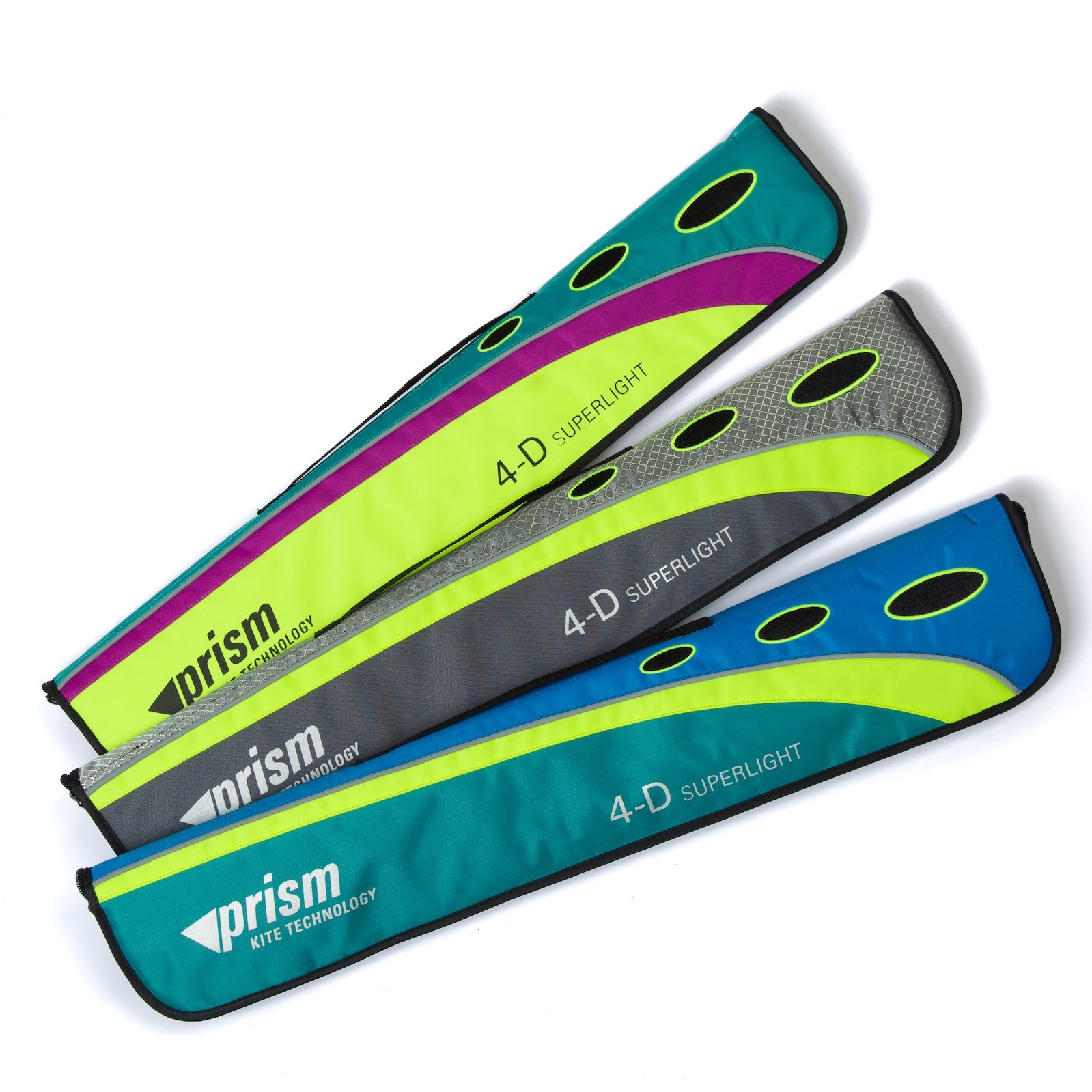 4-D Superlight sport kite with ultralight sail, microcarbon frame, 58-inch wingspan, Dyneema lines, and three colorways for zero to light wind flying.