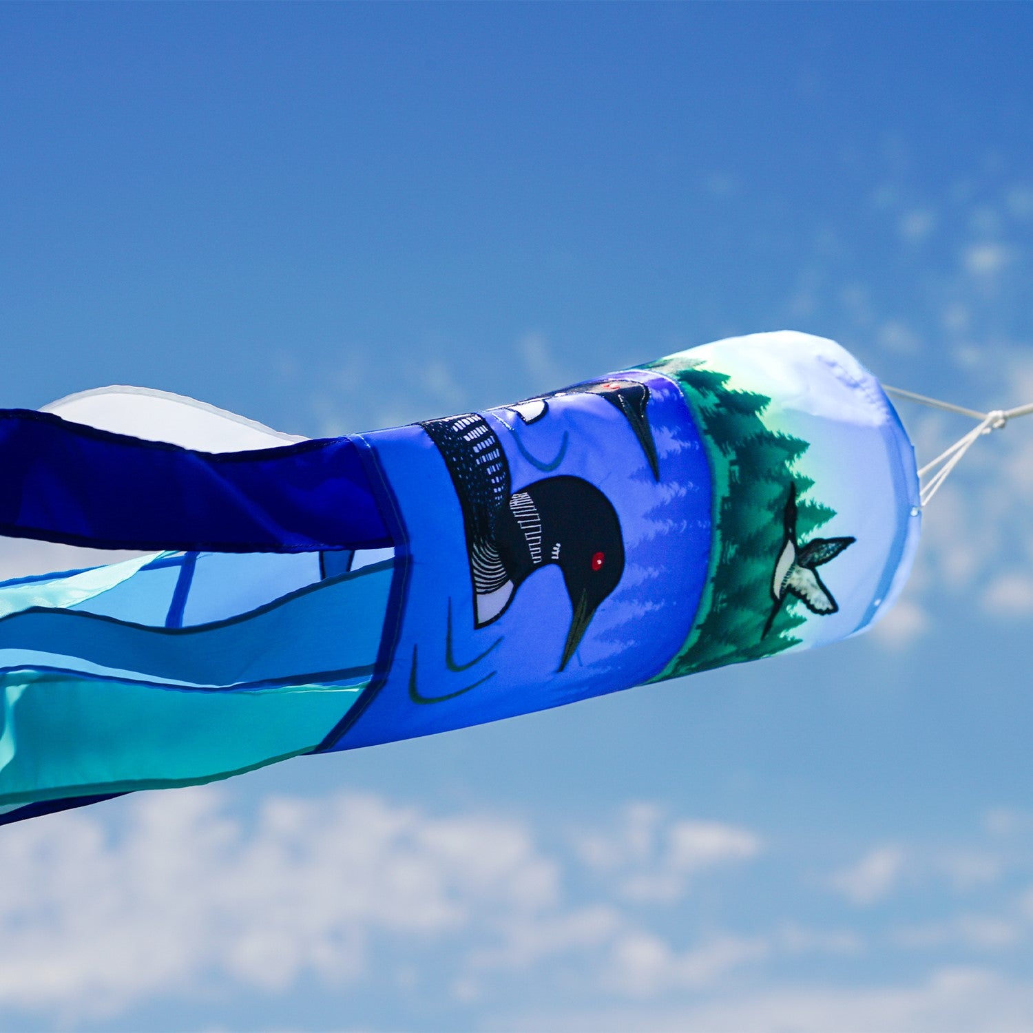 Pair of Loons 40-inch Inspiration Windsock displayed outdoors, featuring bright colors, detailed loons, and fluttering tails in a serene garden setting.