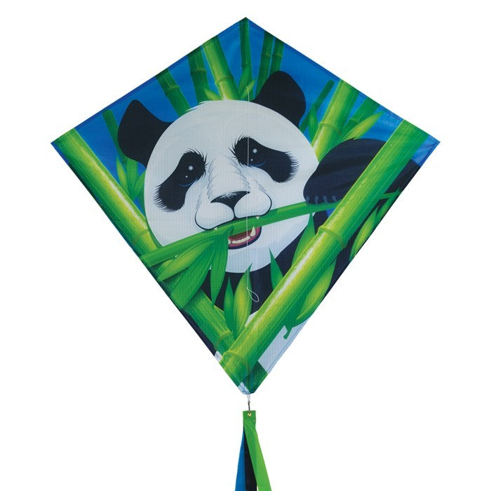 Panda 30" Diamond Kite flying high in a clear blue sky, showcasing its vibrant panda bear design and colorful tails, perfect for outdoor fun.