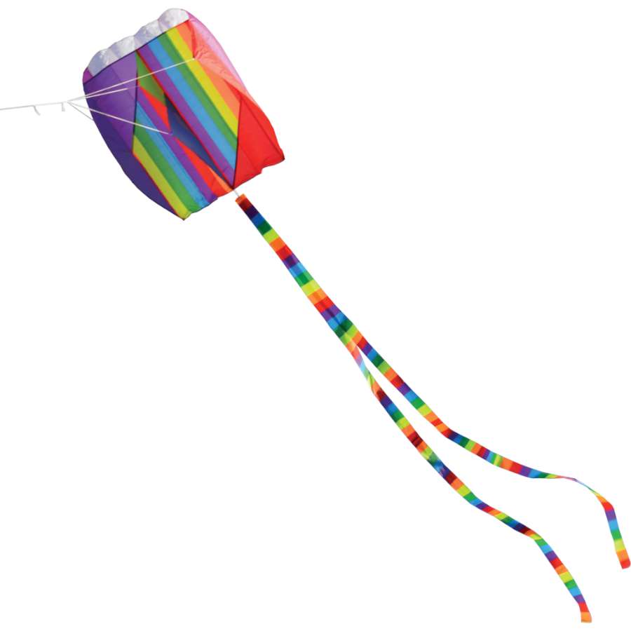 The Para-Kite 5 is a frameless kite featuring a vibrant design and 13-foot tail soaring against the backdrop of a beautiful sky.