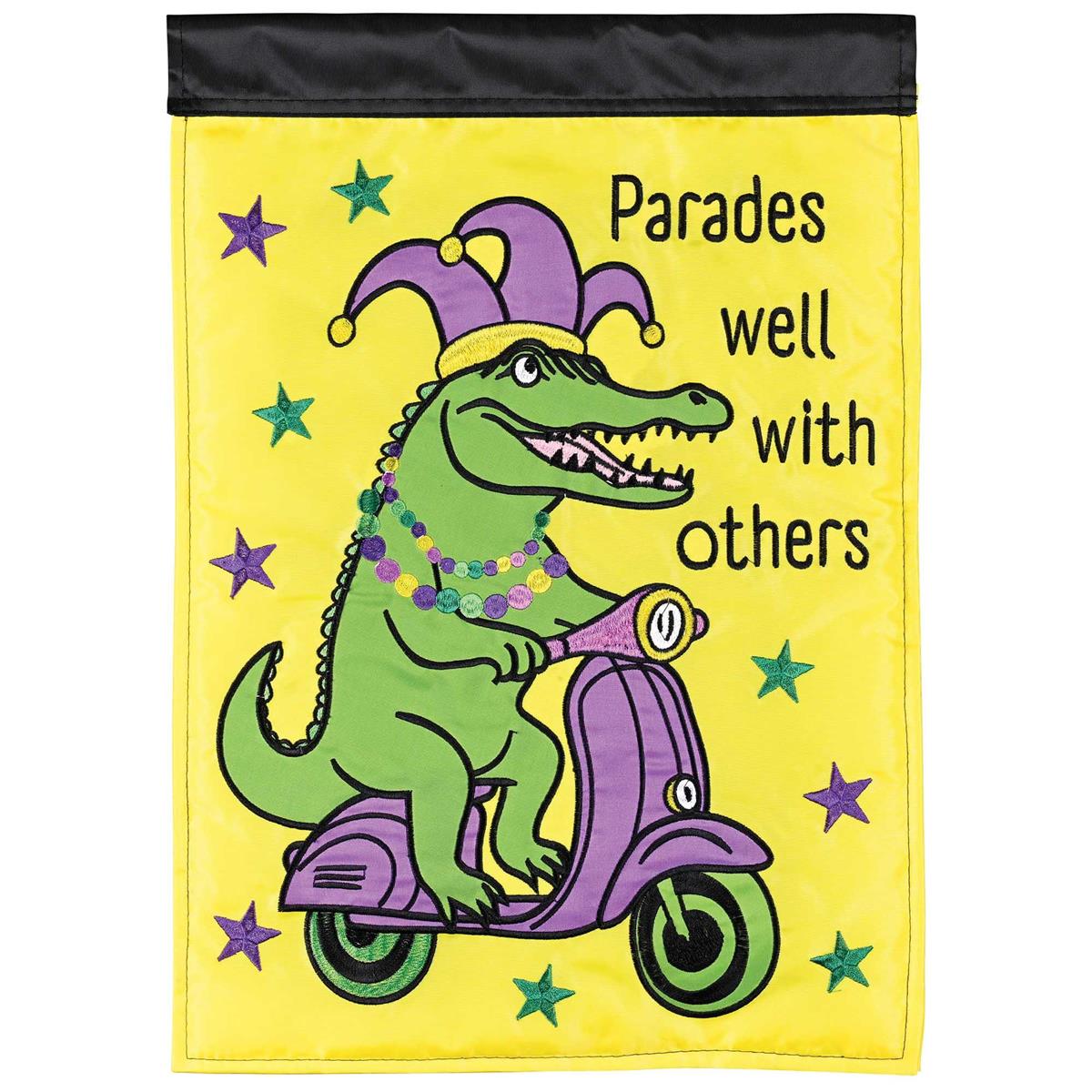 Parades Well With Others double-sided garden flag made from 300 denier polyester, showcasing vibrant fabric appliques and intricate embroidery.