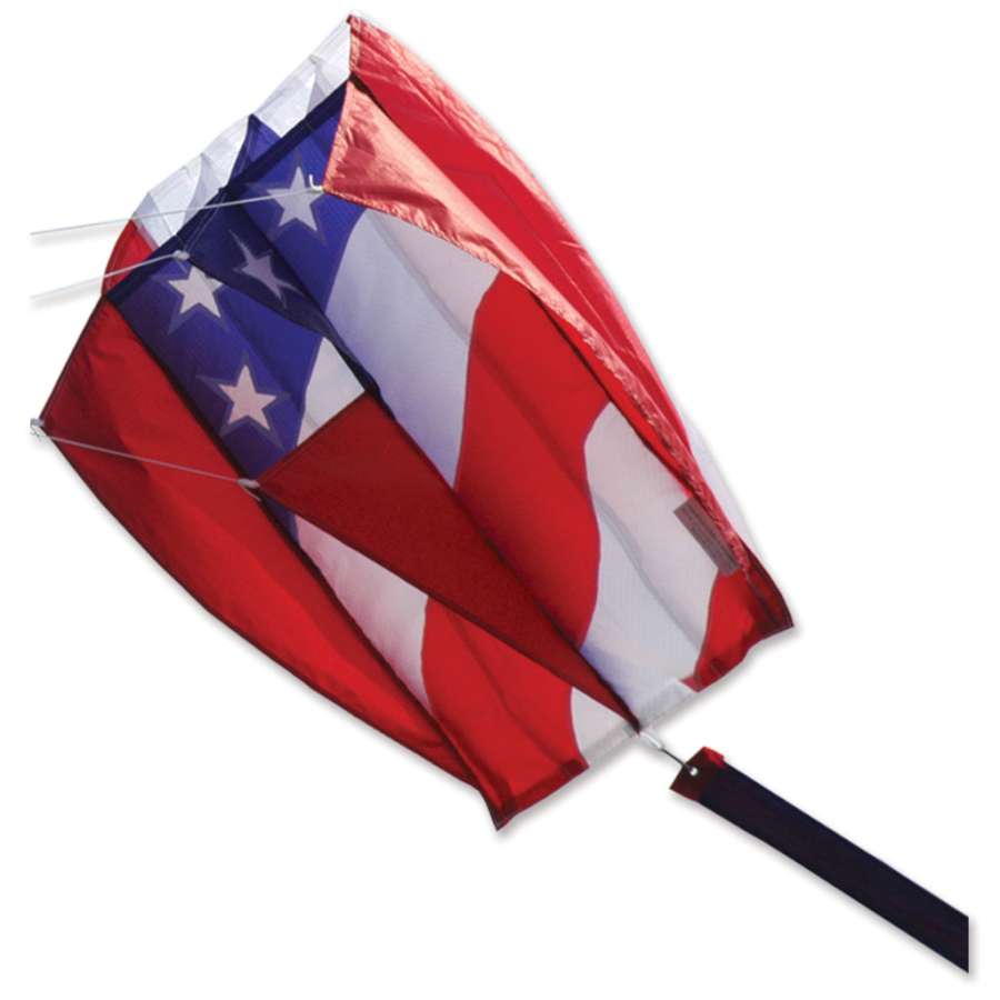 Parafoil 2 Kite with a vibrant patriotic design flying in the blue sky, shown with its 300 ft. line and winder in an outdoor setting.