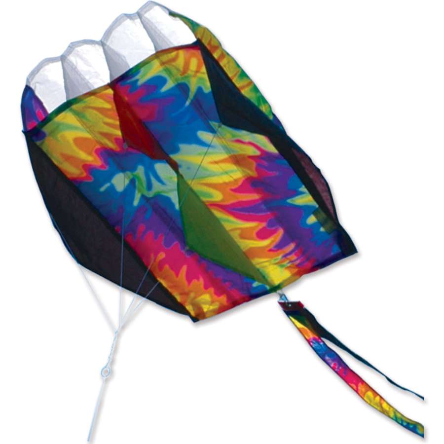 Tie-dye Parafoil 2 Kite with vibrant colors flying against a clear sky, demonstrating its lightweight design and portability.
