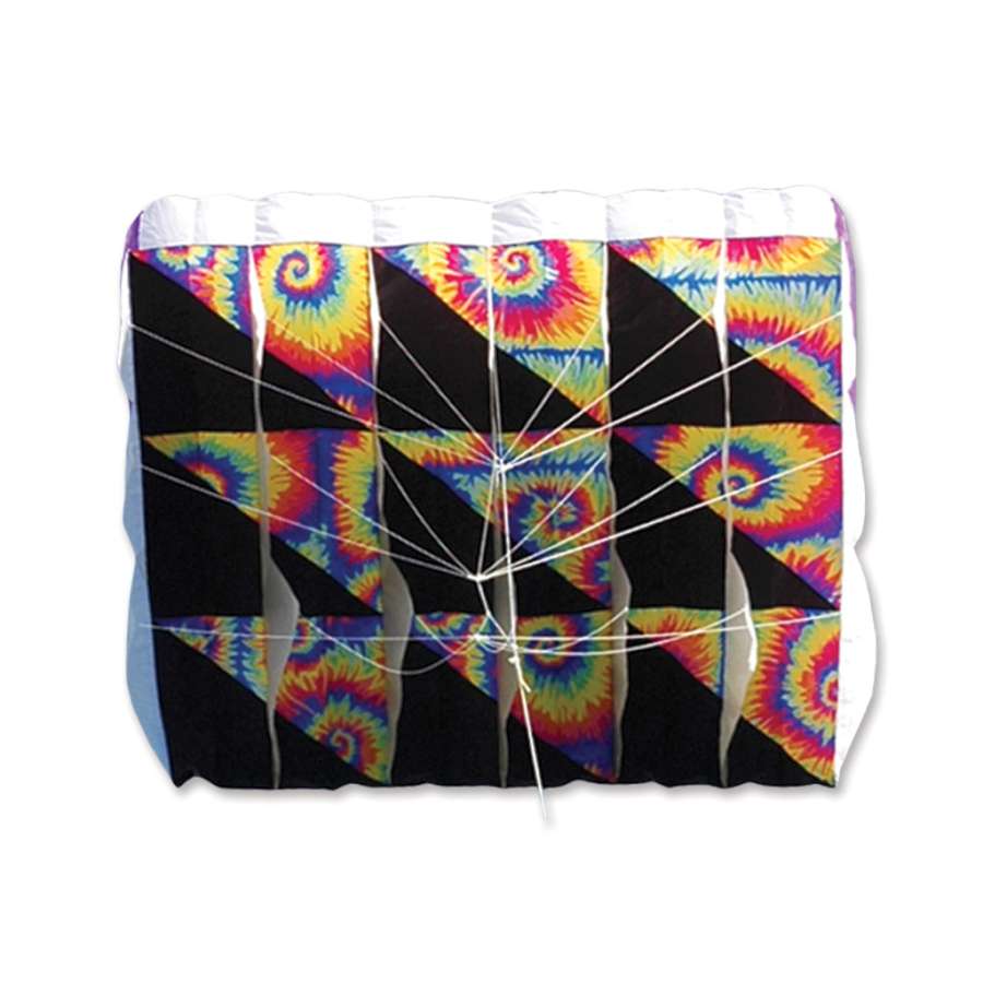 Colorful Parafoil 60 Kite in tie-dye design soaring in a blue sky, measuring 100 x 85 inches, perfect for outdoor activities.