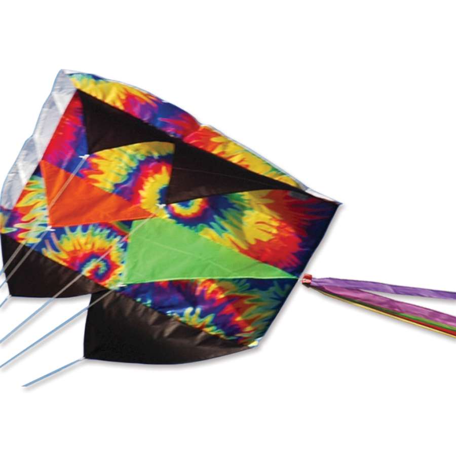 Vibrant tie dye Parafoil 7.5 Kite, 28x38 inches, flying joyfully in a blue sky with wispy clouds, perfect for outdoor adventures.