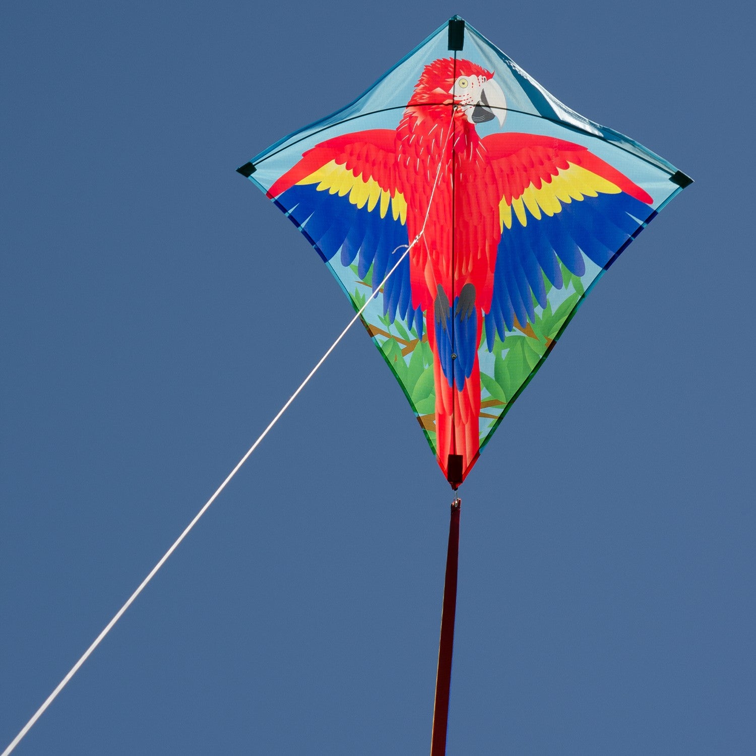 Parrot 30" Diamond Kite featuring colorful macaw design, easily flying in the sky, showcasing its vibrant tails and durable materials for outdoor fun.