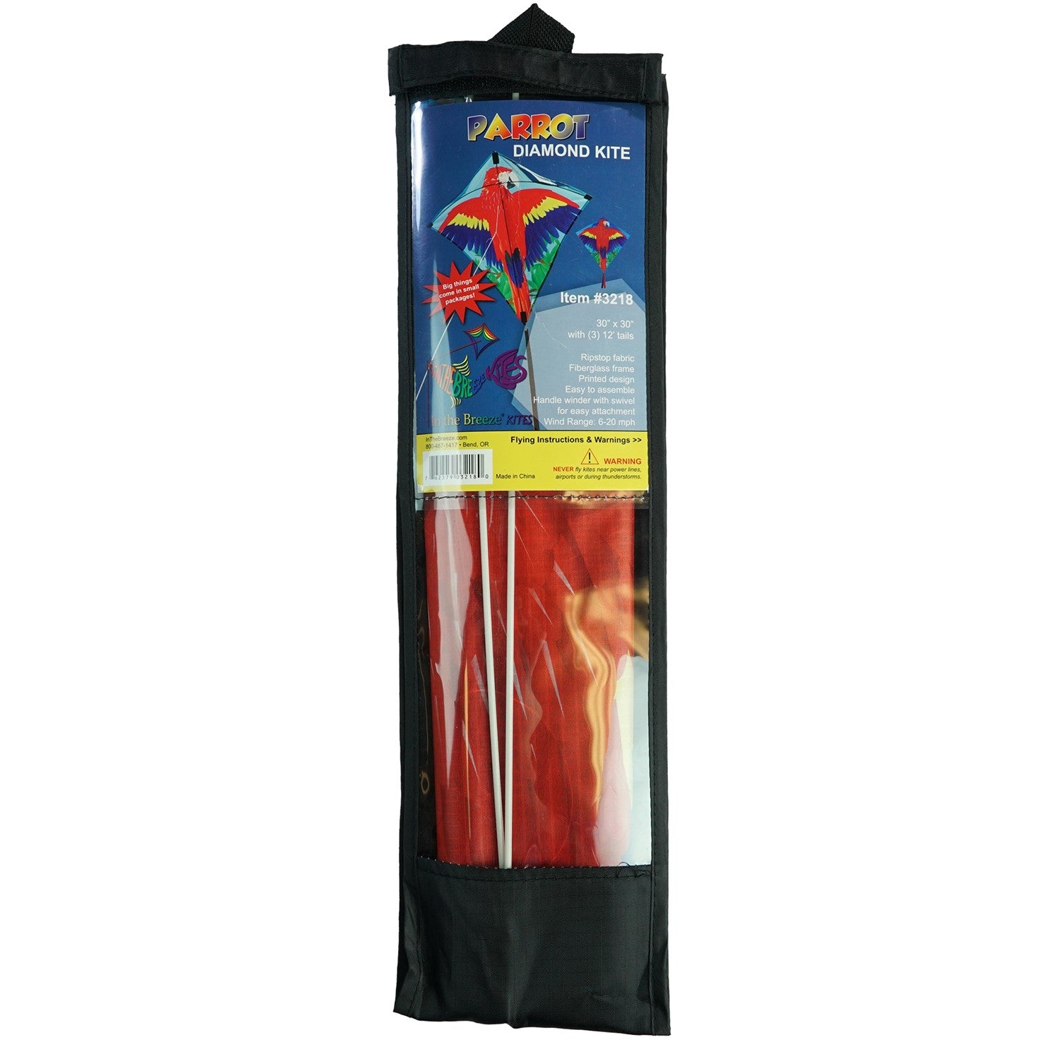 Parrot 30" Diamond Kite featuring colorful macaw design, easily flying in the sky, showcasing its vibrant tails and durable materials for outdoor fun.