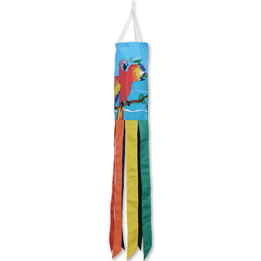 Vibrant Parrot and Cockatoo Party windsock measuring 40 inches, featuring colorful embroidered appliques hanging outdoors in a garden setting.