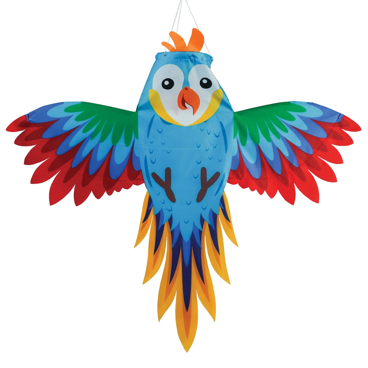 Colorful Parrot Windsock with outstretched wings gracefully hanging outdoors, bringing vibrancy to the garden decor.
