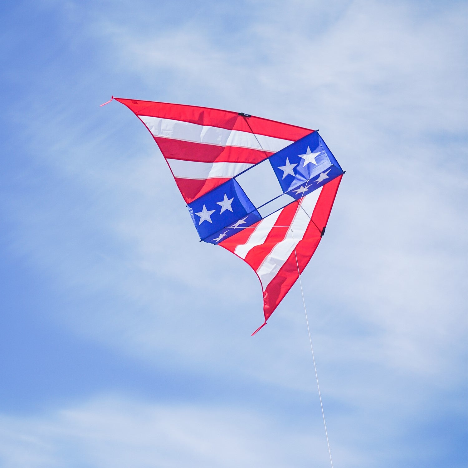 Patriot 6' Conyne Delta Kite soaring in the sky, showcasing vibrant red, white, and blue colors, perfect for family fun and outdoor celebrations.