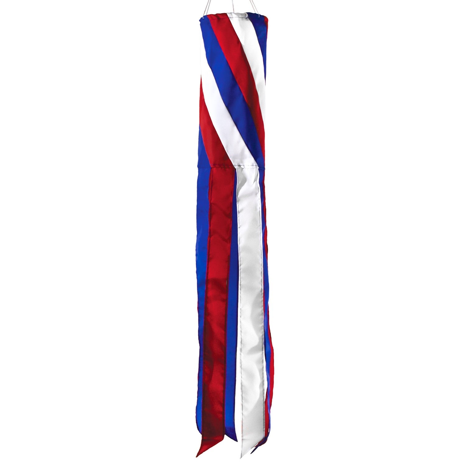 Patriot Diagonal 40'' Windsock featuring red, white, and blue colors with fluttering tails, displayed outdoors, embodying patriotic spirit.