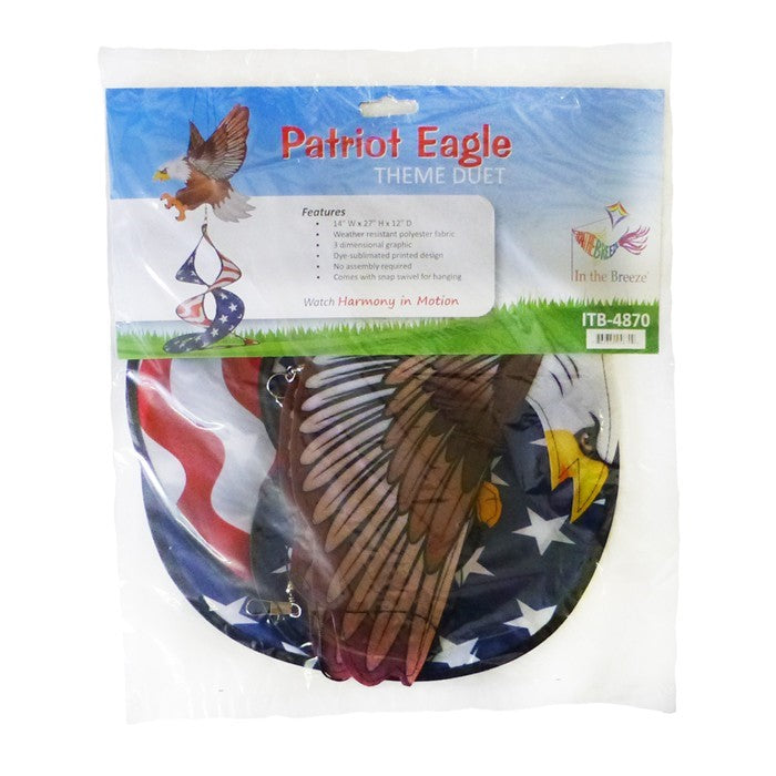 Patriot Eagle Theme Duet features a 3D Bald Eagle with flexible wings and a spinning duet in a colorful design for garden display.