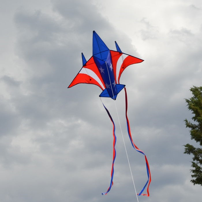 Patriot Jet Kite soaring in the sky with a red, white, and blue stars and stripes design, ready for family fun and outdoor activities.