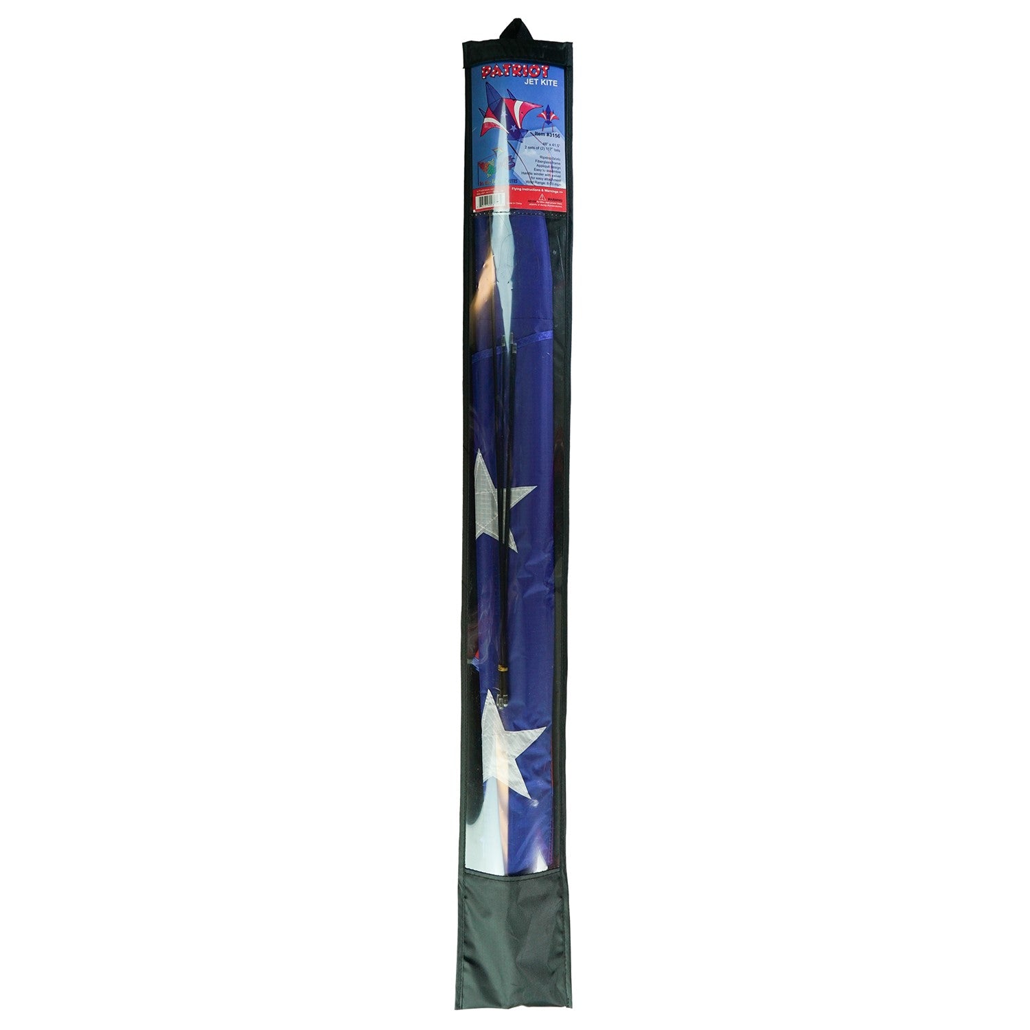 Patriot Jet Kite soaring in the sky with a red, white, and blue stars and stripes design, ready for family fun and outdoor activities.